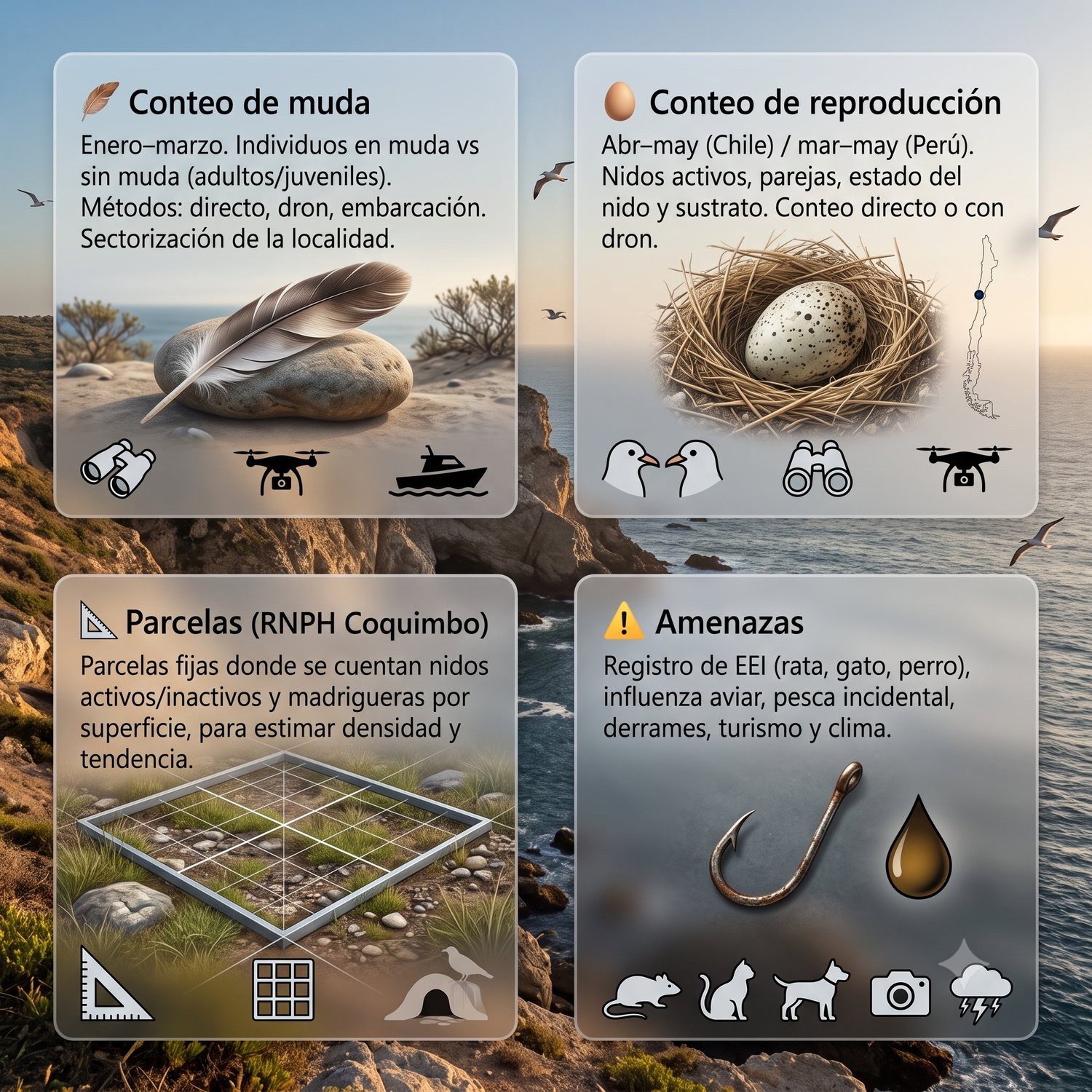 Componentes del modelo SMART: conteo de muda (ene–mar, métodos directo/dron/embarcación), conteo de reproducción (abr–may Chile, nidos y parejas), parcelas fijas RNPH Coquimbo (densidad y tendencia) y registro de amenazas (EEI, influenza aviar, pesca incidental, derrames, turismo, clima).